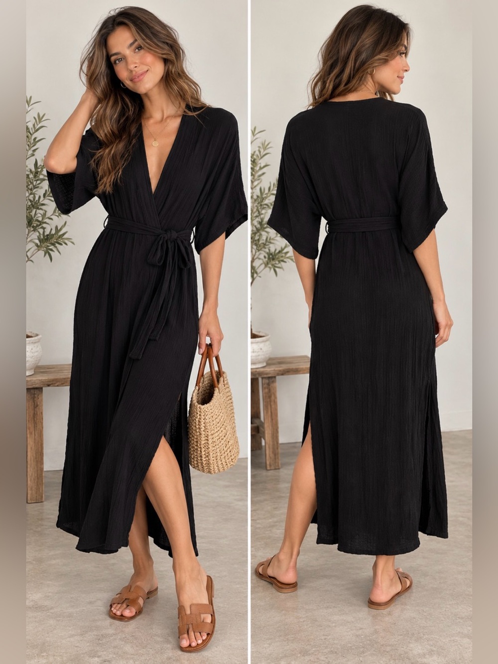 Velvet by Graham & Spencer Black V-Neck Tie-Waist Maxi Dress pp21 L45 Cotton
